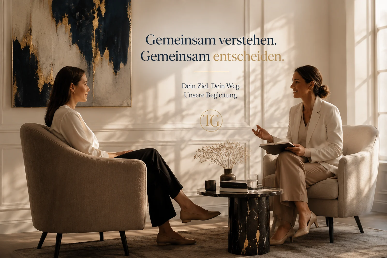Gemeinsam verstehen. Gemeinsam entscheiden. — Beratungsgespräch zwischen zwei Frauen.